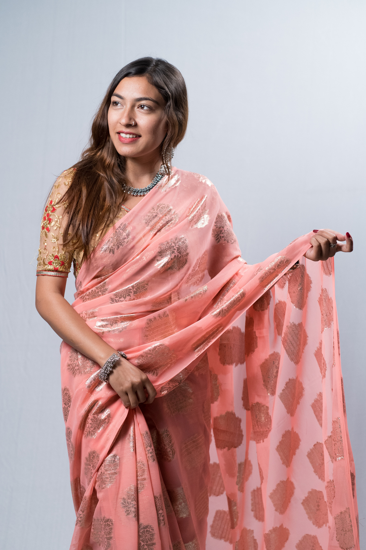 Brunette Woman Wearing Saree Dress 